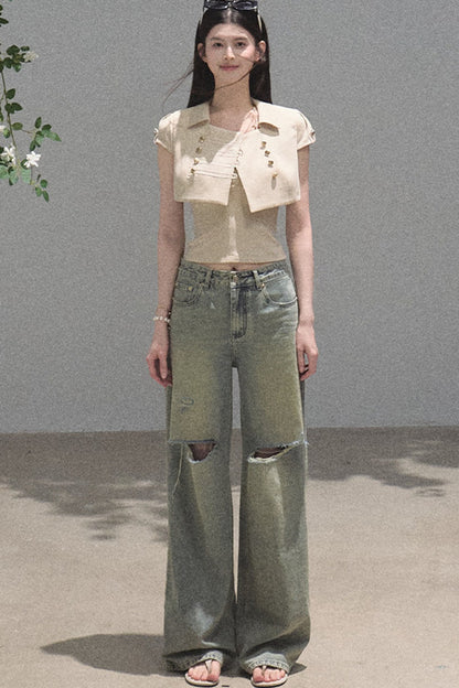 Vintage Distressed Ripped Denim Long Pants