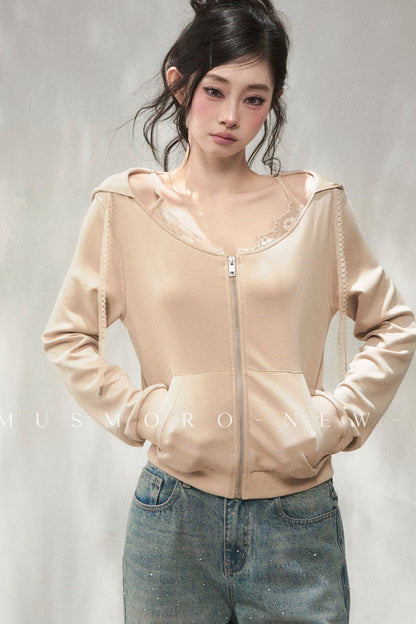 Sudadera de capa de aire con capucha de encaje y mezcla de lyocell