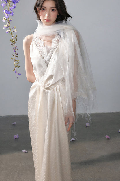 Satin Polka Dot Lace Long Dress