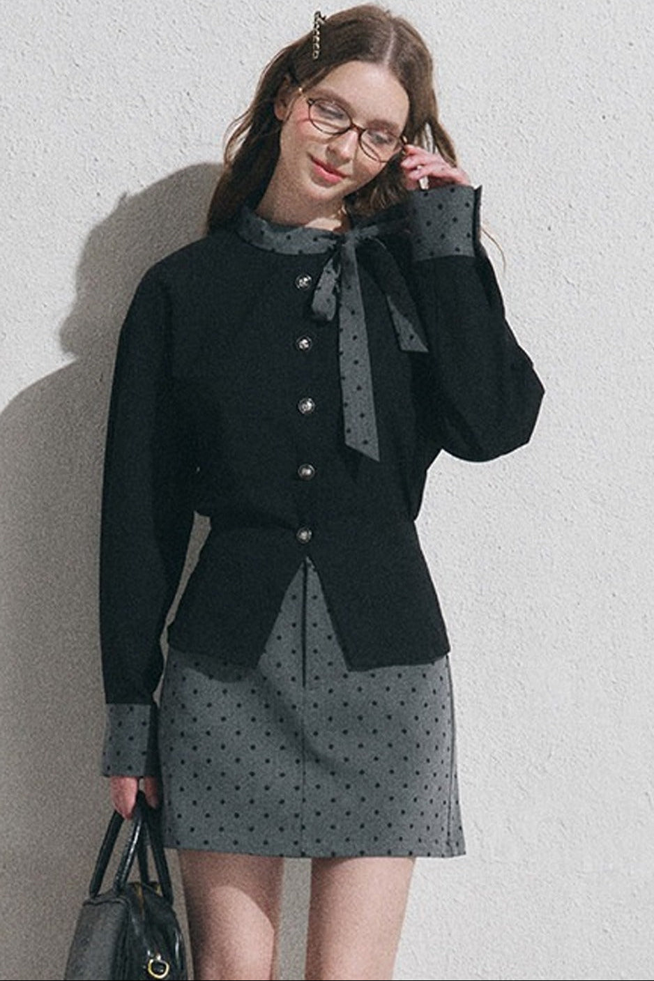 Gray Polka Dot Pullover Shirt and Half-Length Skirt Set-Up