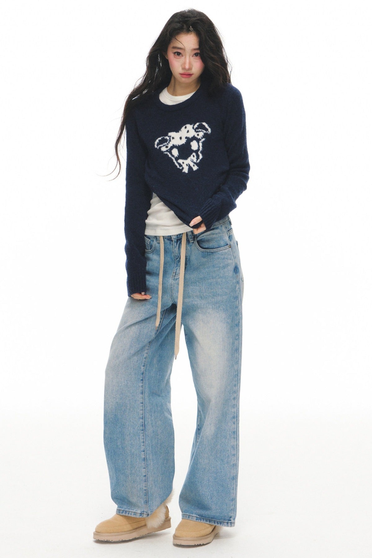 Navy Wool Jacquard Top and Pants Set-Up