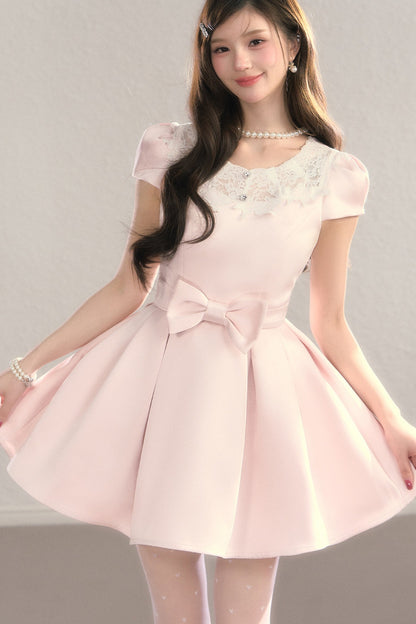 Satin Embroidery Bow A-Line Dress