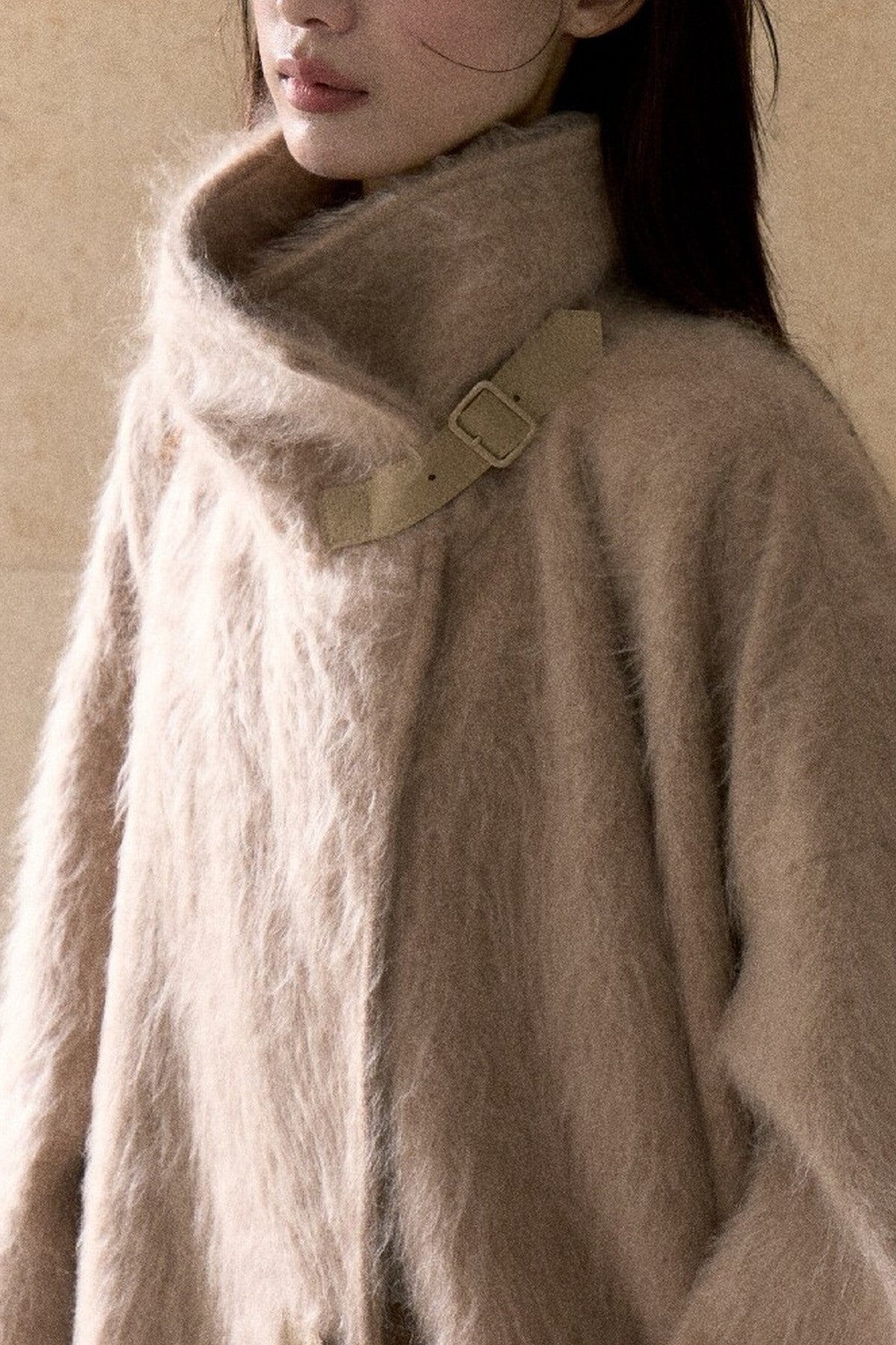 Brushed Cashmere Silk Funnel Collar Coat