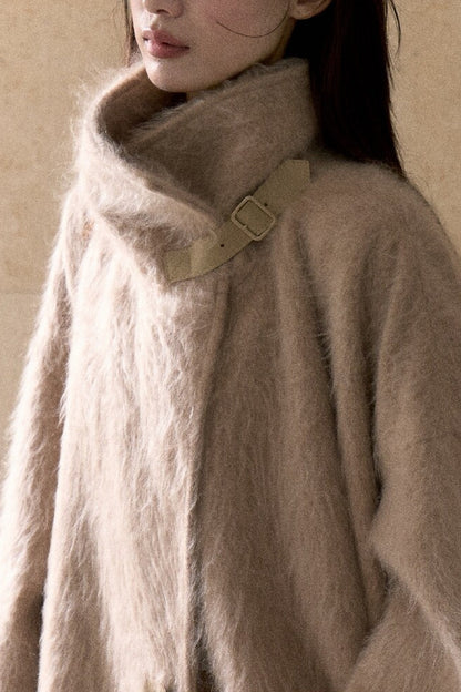 Brushed Cashmere Silk Funnel Collar Coat