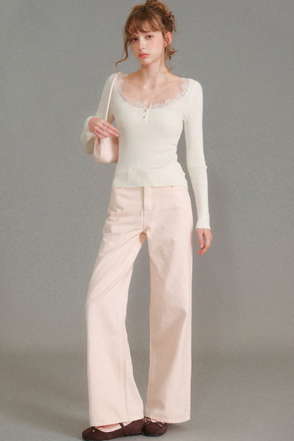 100% Cotton Folded Waistband Wide-Leg Jeans