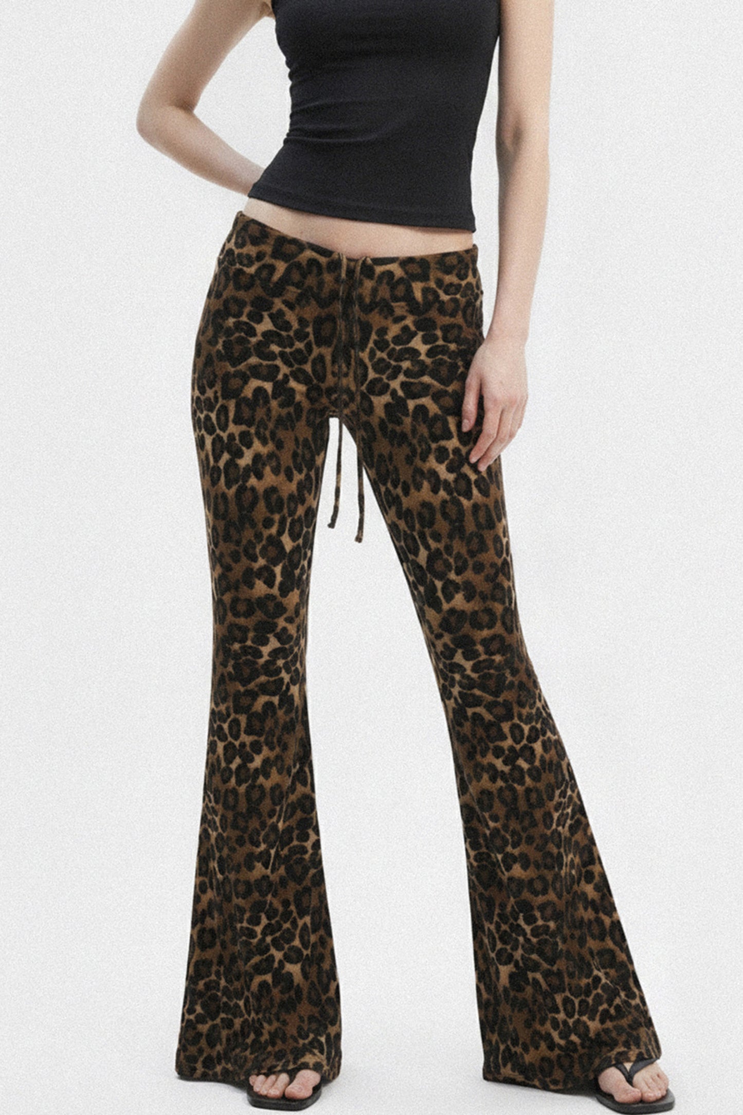 Leopard Print Drawstring Foldable Waist Flared Pants