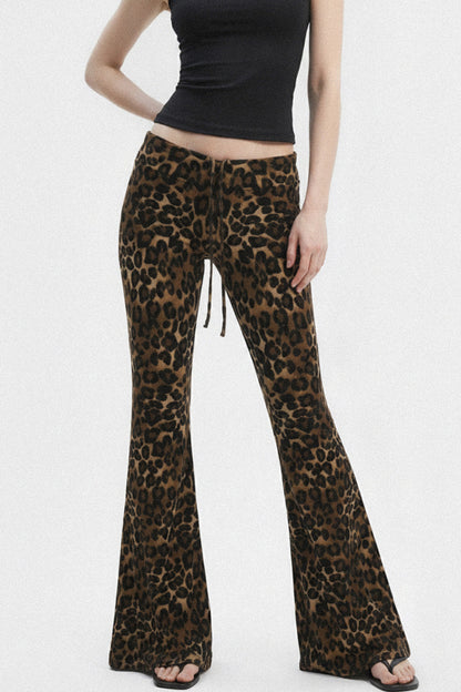 Leopard Print Drawstring Foldable Waist Flared Pants