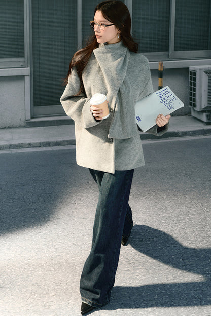 Asymmetrical Scarf Collar Woolen Jacket