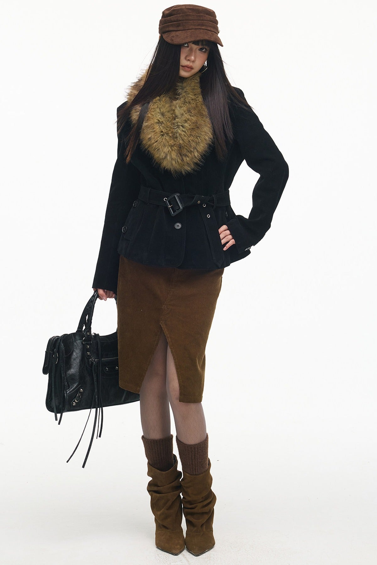 Belted Suede Fur Collar Jacket