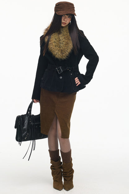 Belted Suede Fur Collar Jacket