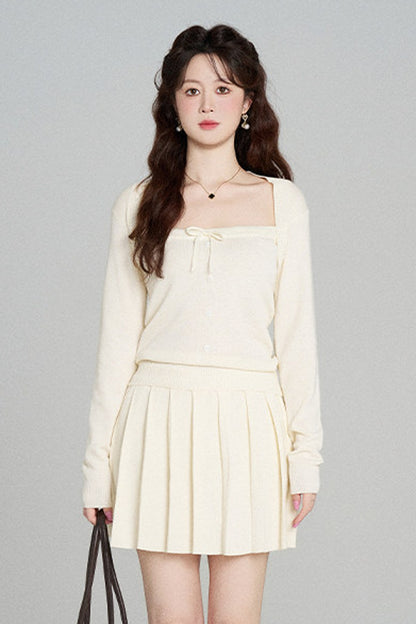 Square Neck Knit Top and Skirt Set-Up