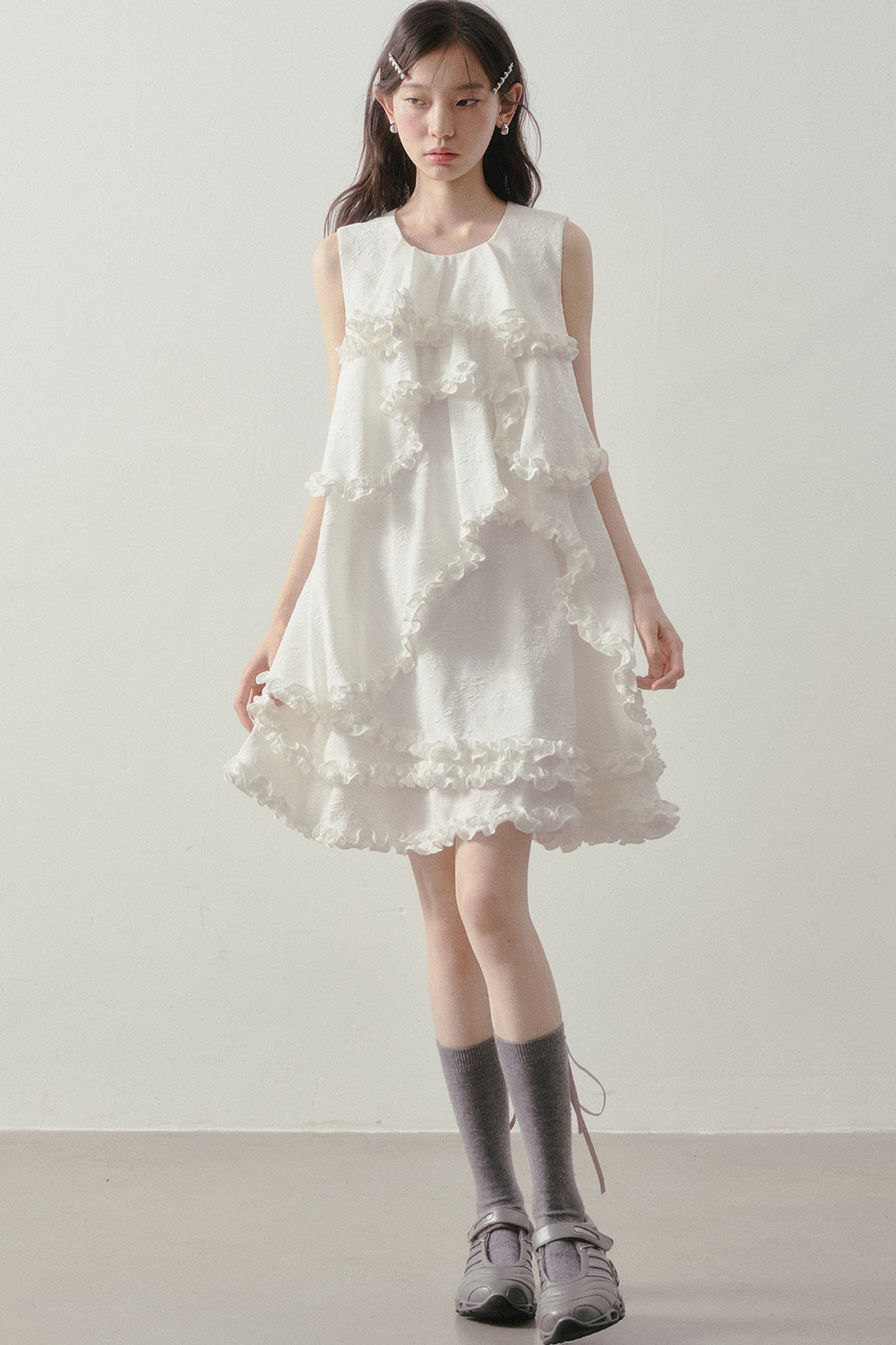 White Irregular Ruffle Dress