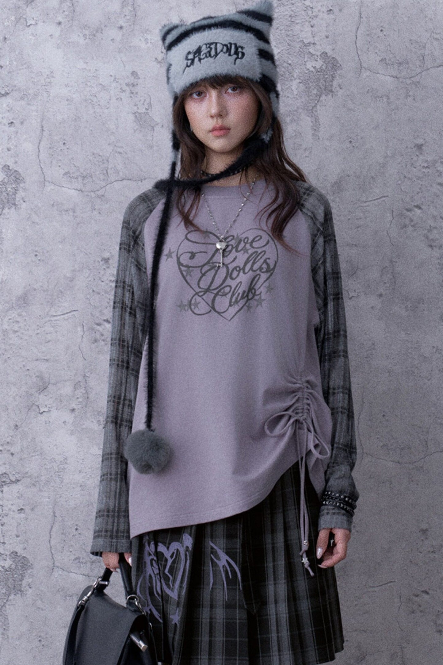Gray-Purple Raglan Sleeve Printed Drawstring T-Shirt and Plaid Skirt Set