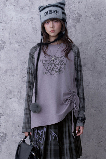 Gray-Purple Raglan Sleeve Printed Drawstring T-Shirt and Plaid Skirt Set