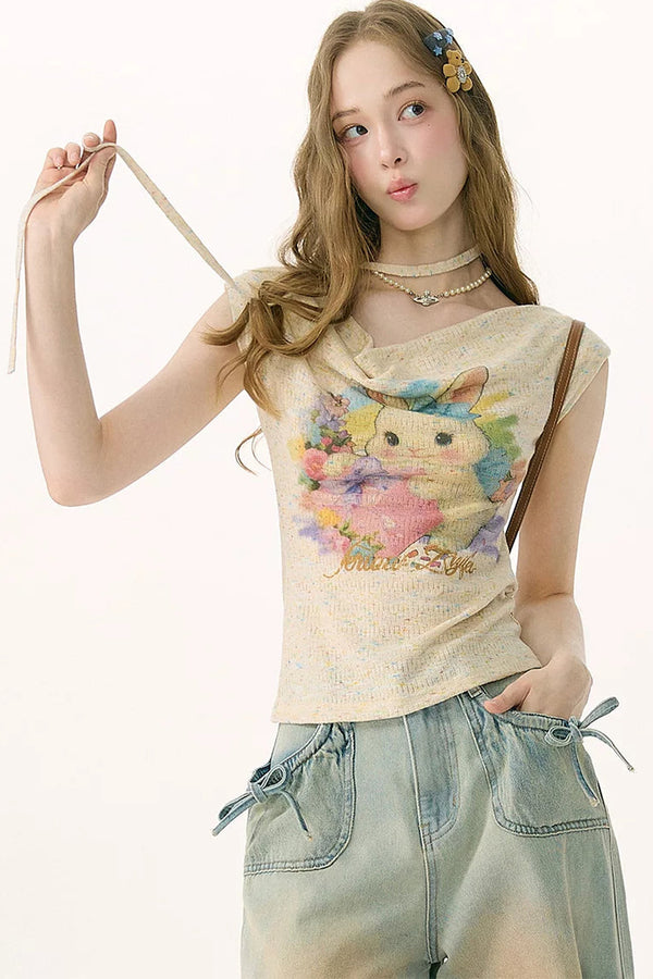 Rainbow Rabbit Off-Shoulder Knit T-Shirt
