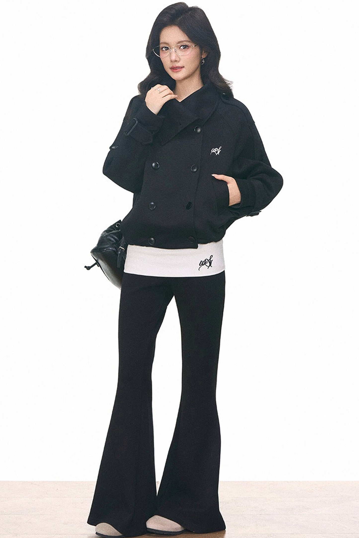 Double-Breasted Knitted Short Trench Coat and Pants Set-Up