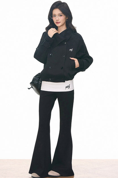 Double-Breasted Knitted Short Trench Coat and Pants Set-Up