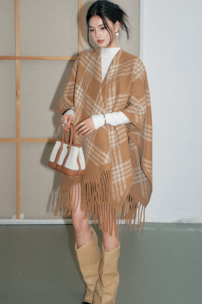 Tassel Plaid Scarf Cape Set-Up