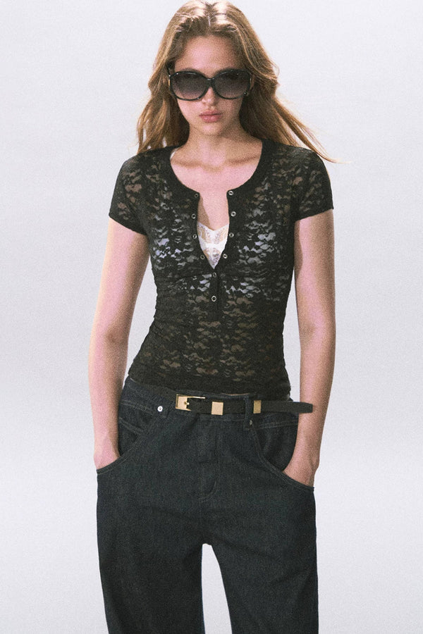 Henry Collar Semi-Sheer Lace T-Shirt