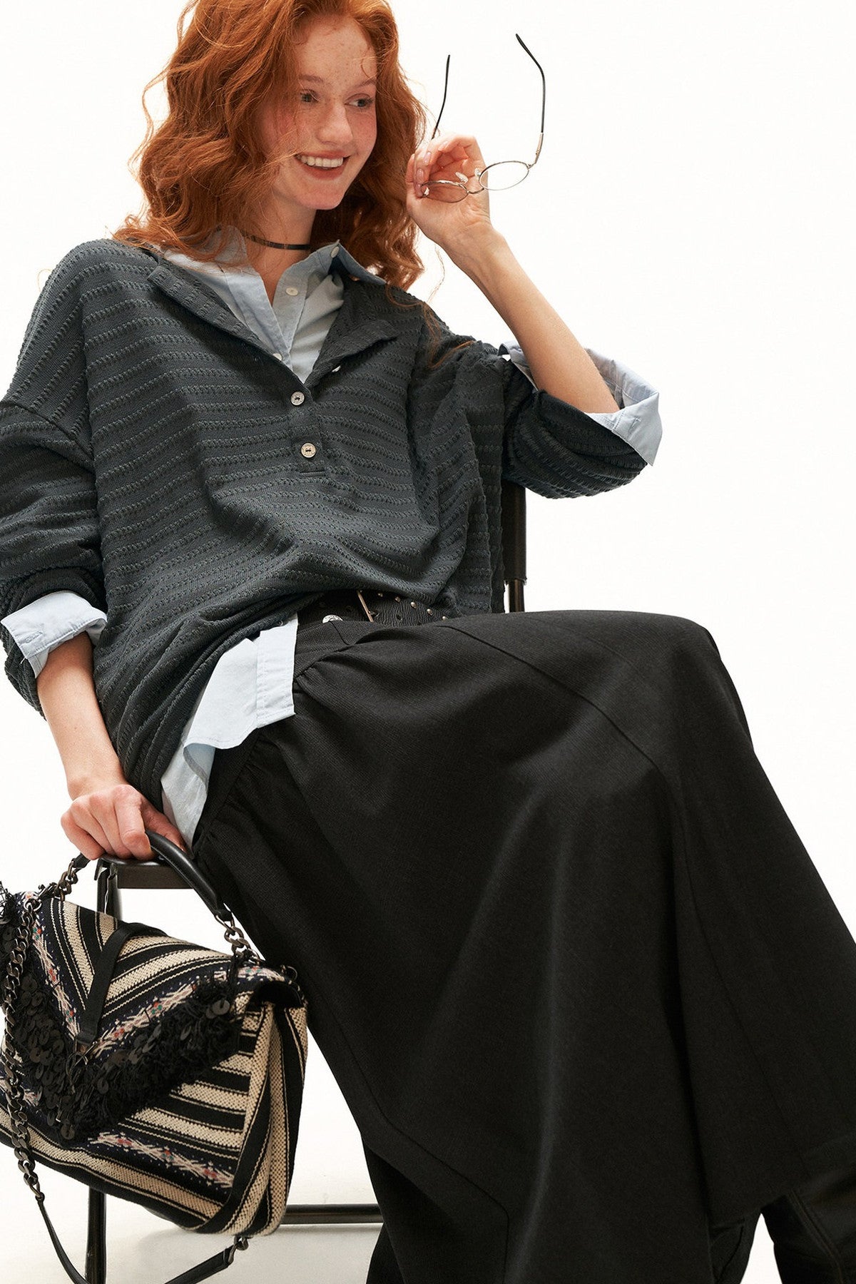 Cloud Texture Drapey Henry Collar Long-Sleeve T-Shirt
