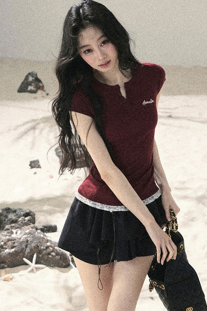 American Style Lace Fake Two-Piece Top