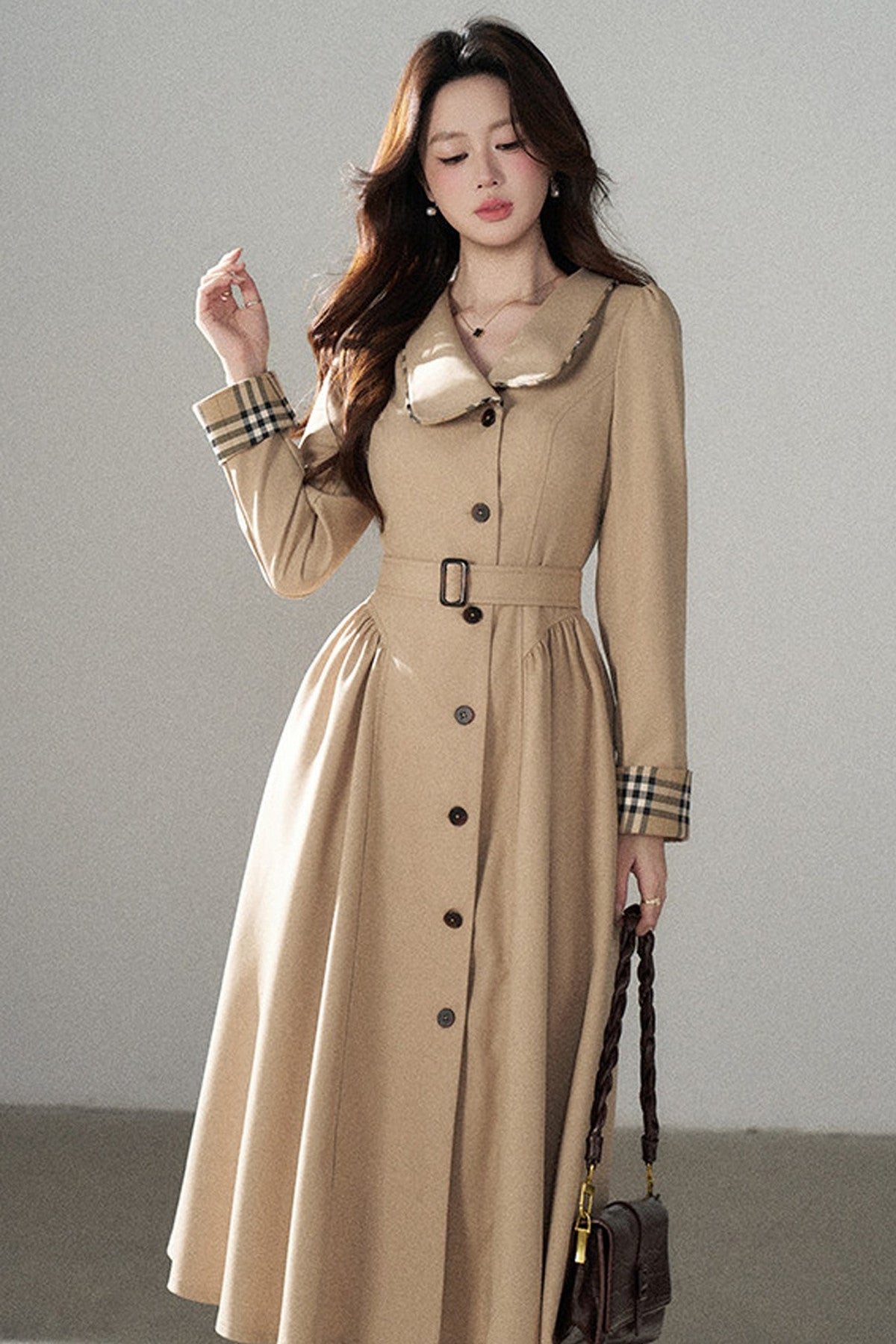 Long Sleeve Single-Breasted Trench Coat, Top and Skirt