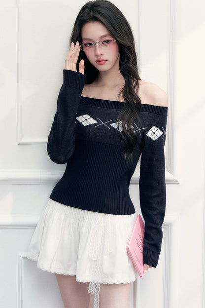 Argyle Off-Shoulder Knit Top