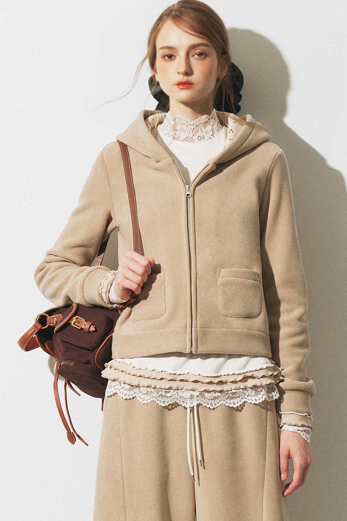 Oatmeal Fleece Hooded Sweatshirt Jacket and Wide-Leg Pants Set-Up