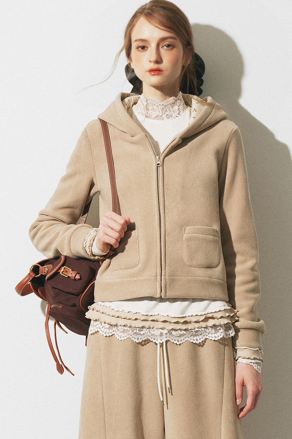 Oatmeal Fleece Hooded Sweatshirt Jacket and Wide-Leg Pants Set-Up