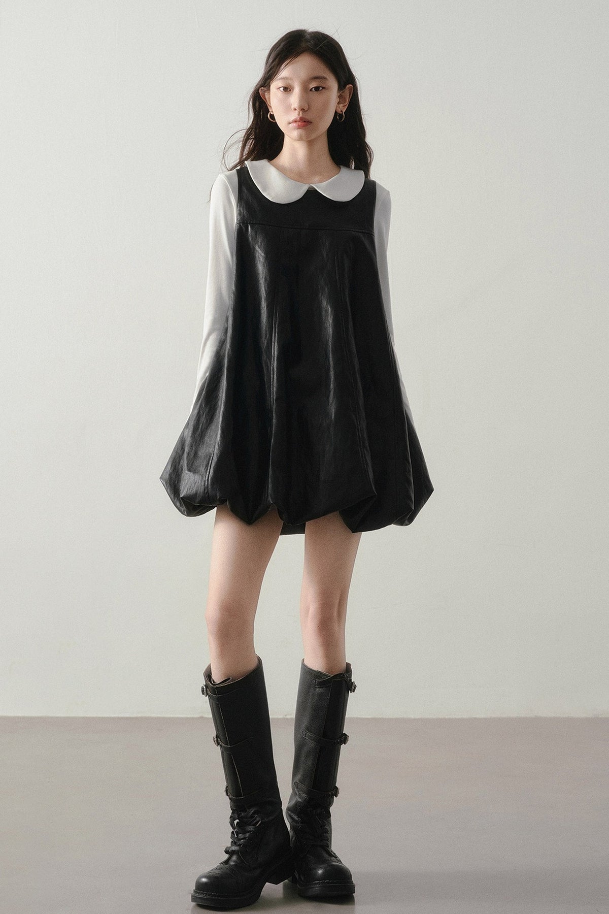 Black Leather-Like Peter Pan Dress