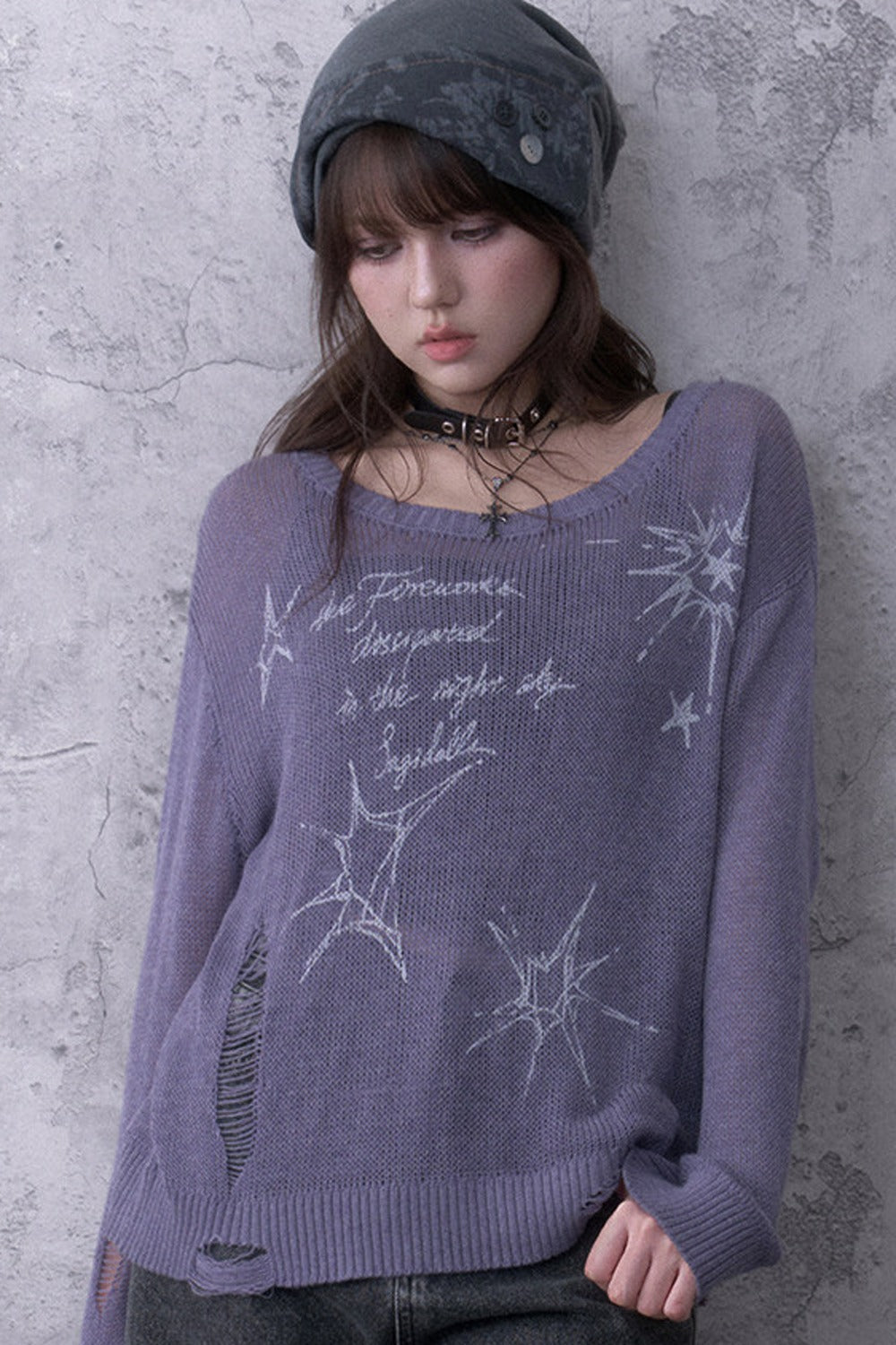 Purple Ripped Knit Print Sweater