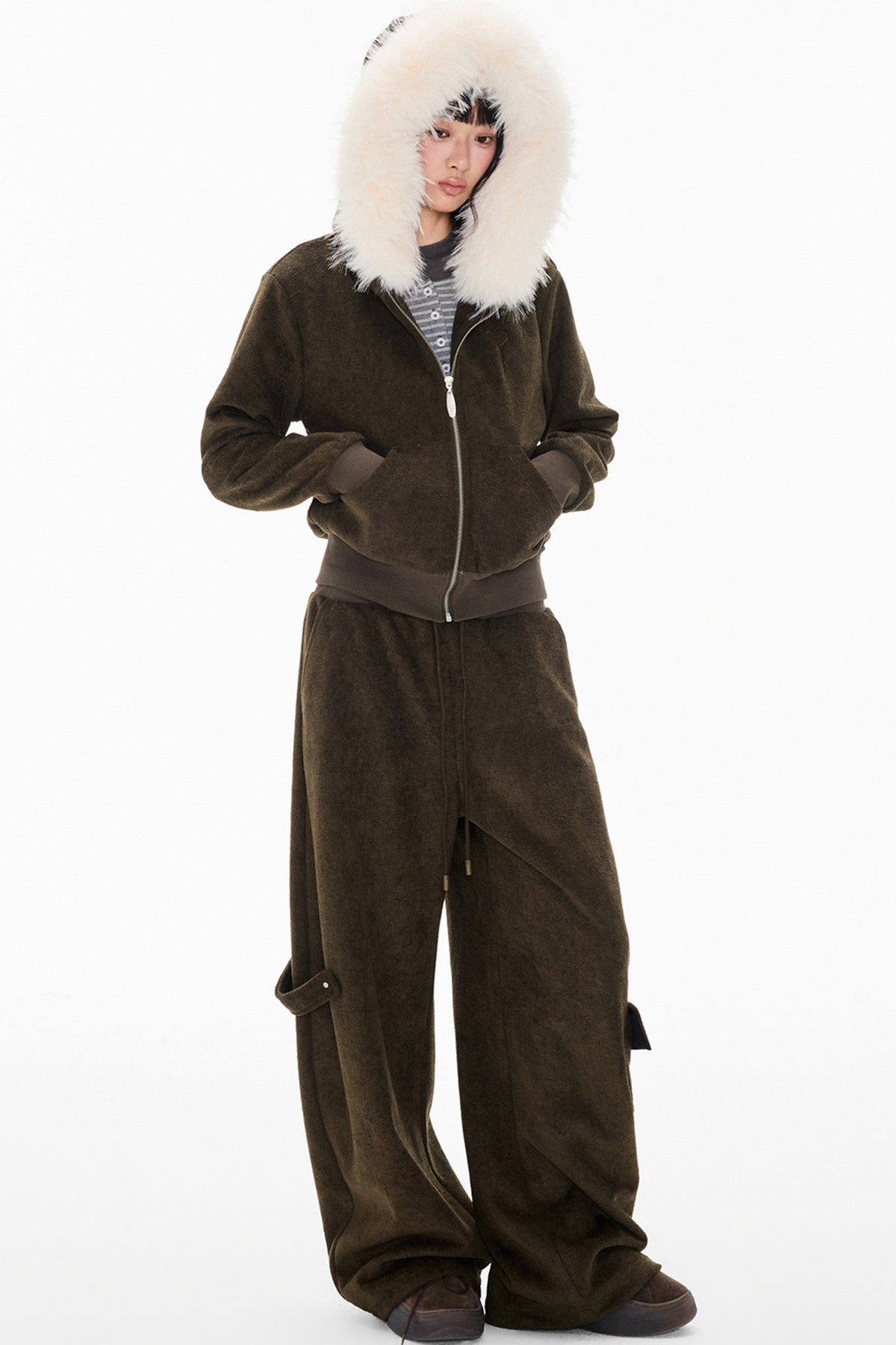 Detachable Fur Hood Jacket and Pants Set-Up