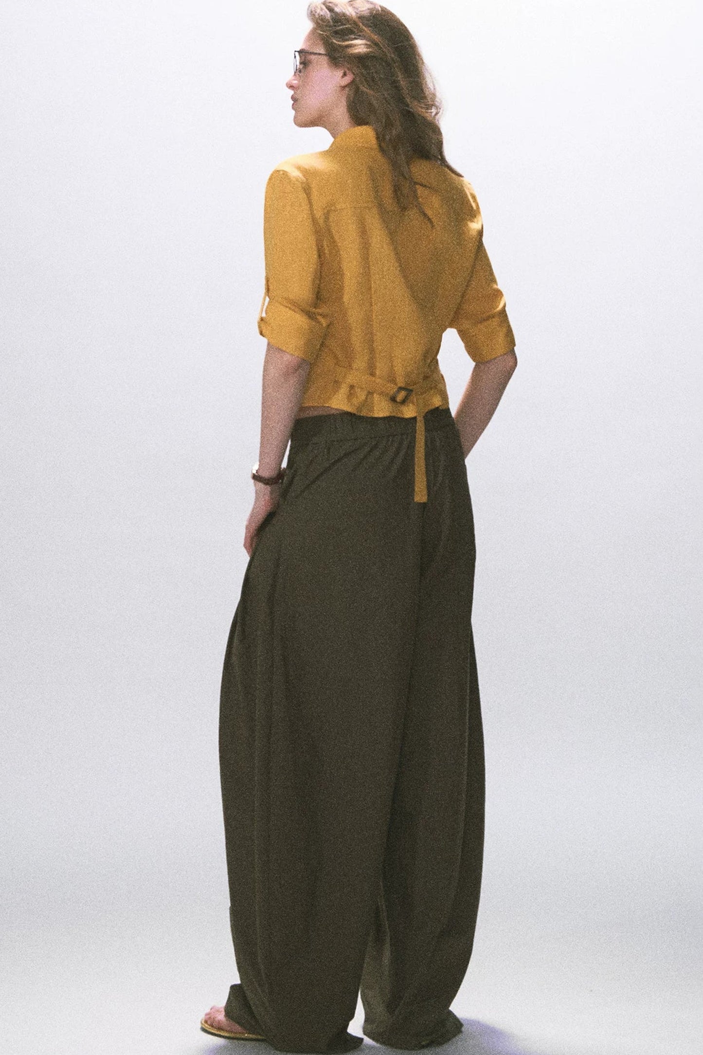 Wrinkled Twill Wide-Leg Pants