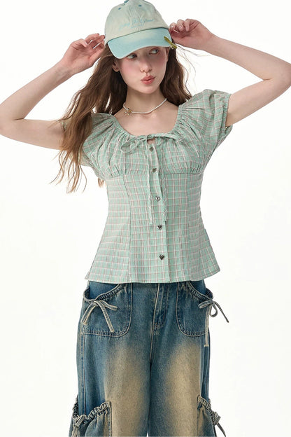 Green Plaid Puff Sleeve Button Front Top
