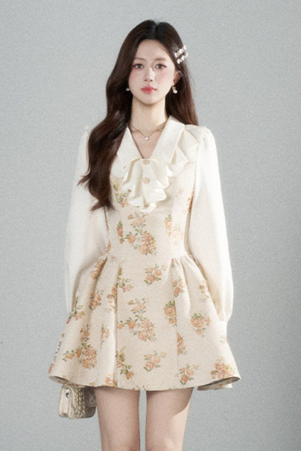Floral Lantern Sleeve Ruffle Collar Dress