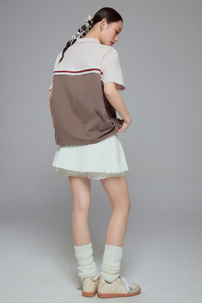 Color Block Lace Trim Cotton Polo