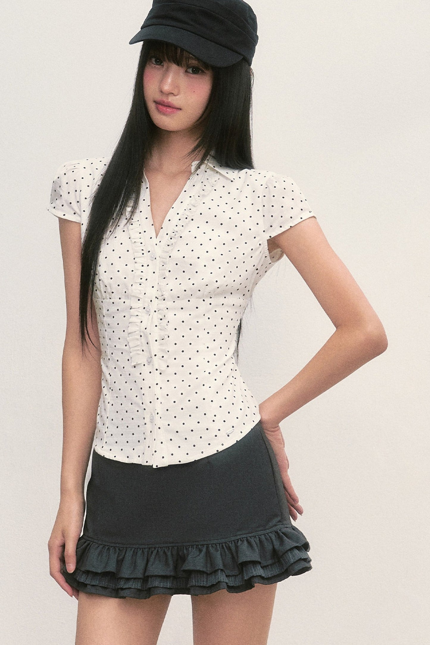 Französische Puffärmelbluse mit Polka-Dots