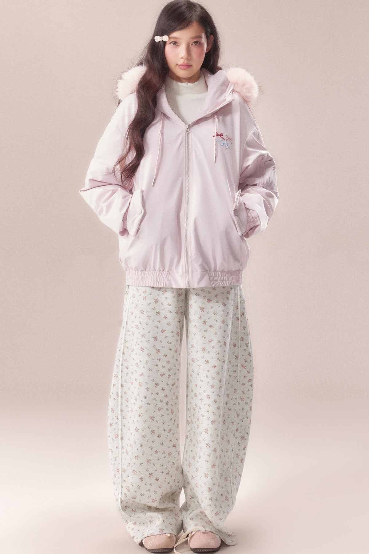 Embroidered Bow Fur Hood Down Jacket