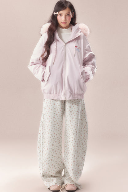 Embroidered Bow Fur Hood Down Jacket