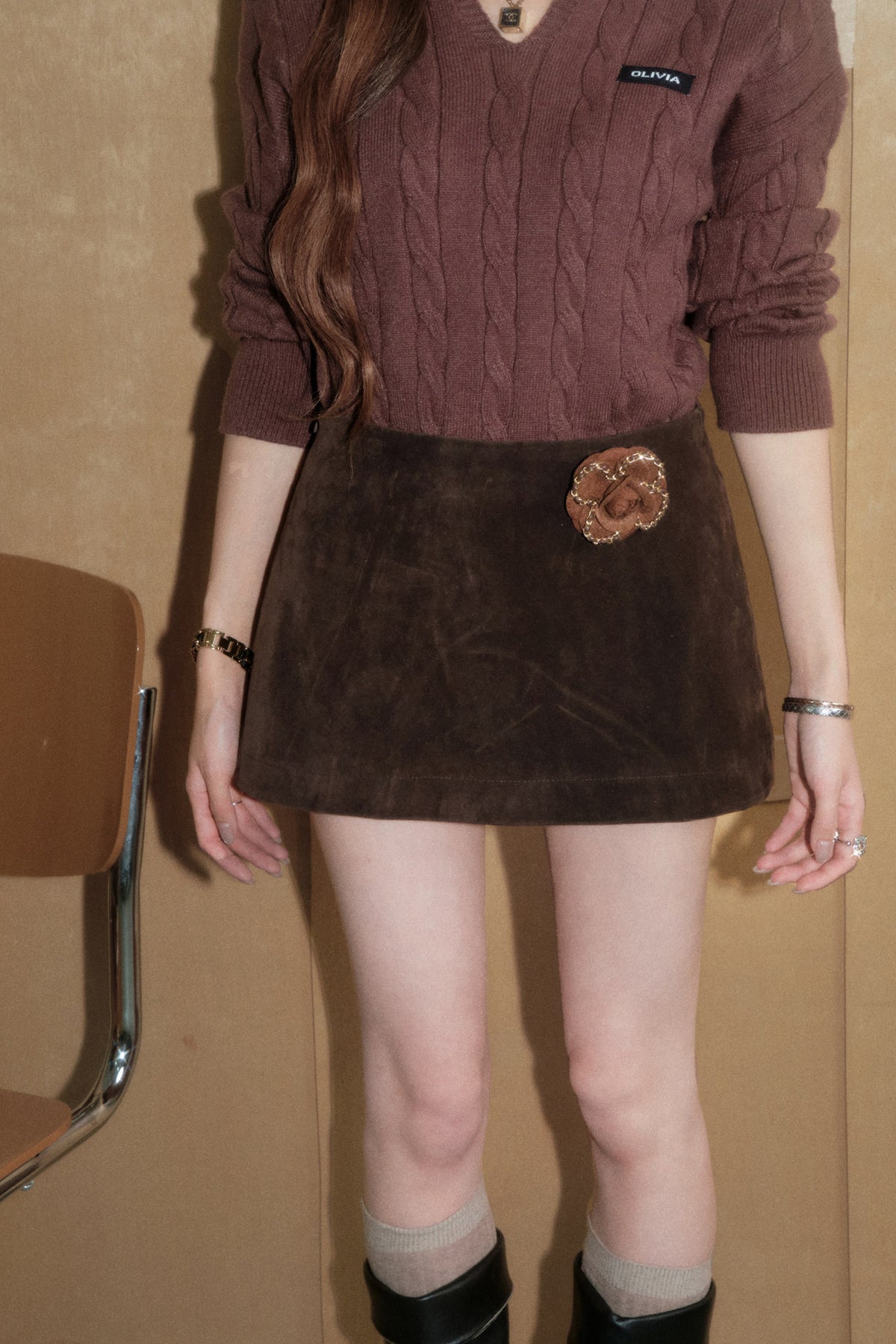 Brown Twist Lapel Knit Top and Skirt Set-Up