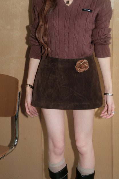 Brown Twist Lapel Knit Top and Skirt Set-Up