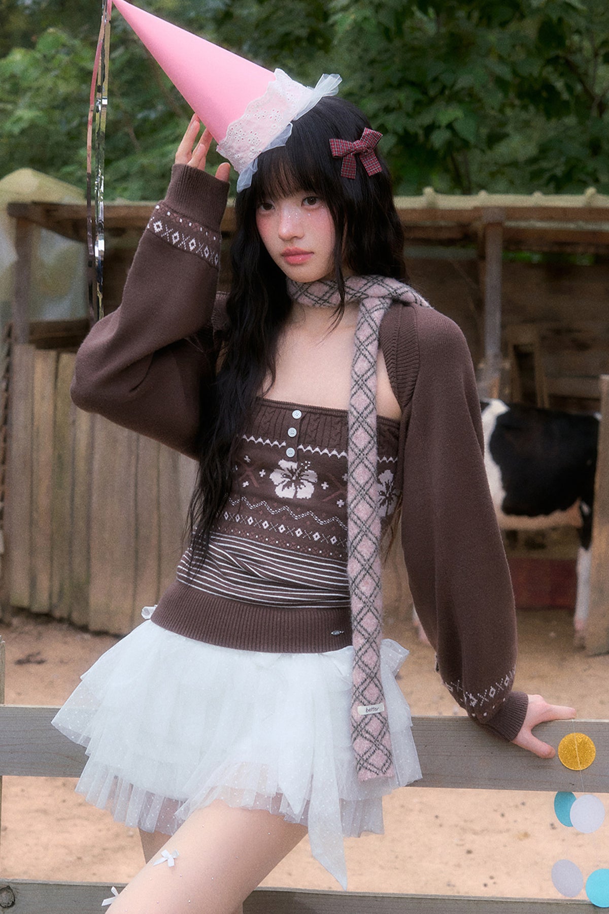 Brown Fair Isle Knit Tube Top and Cardigan Set-Up