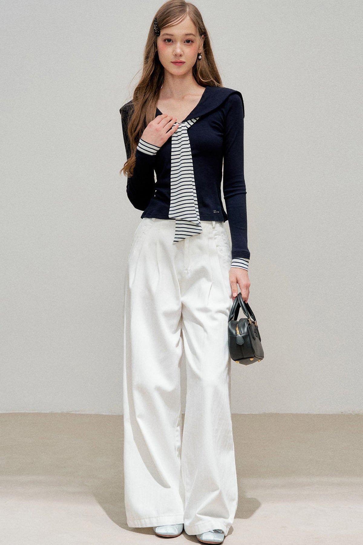 Navy Collar Striped Patchwork Tee