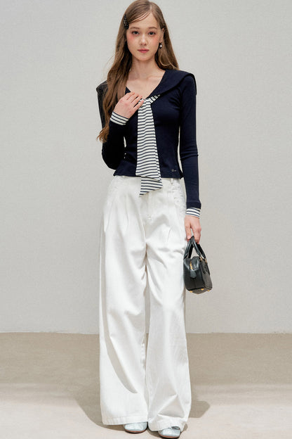 Navy Collar Striped Patchwork Tee