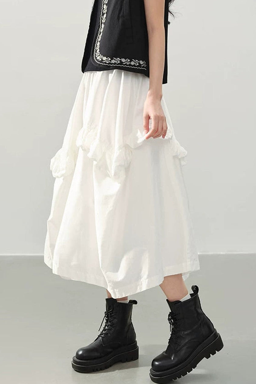 White High Waist Ruffle Midi Skirt