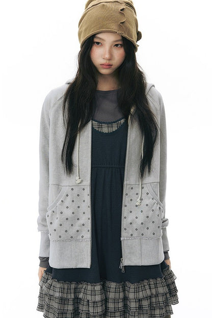 Distressed Floral Print Hooded Open Front Jacket