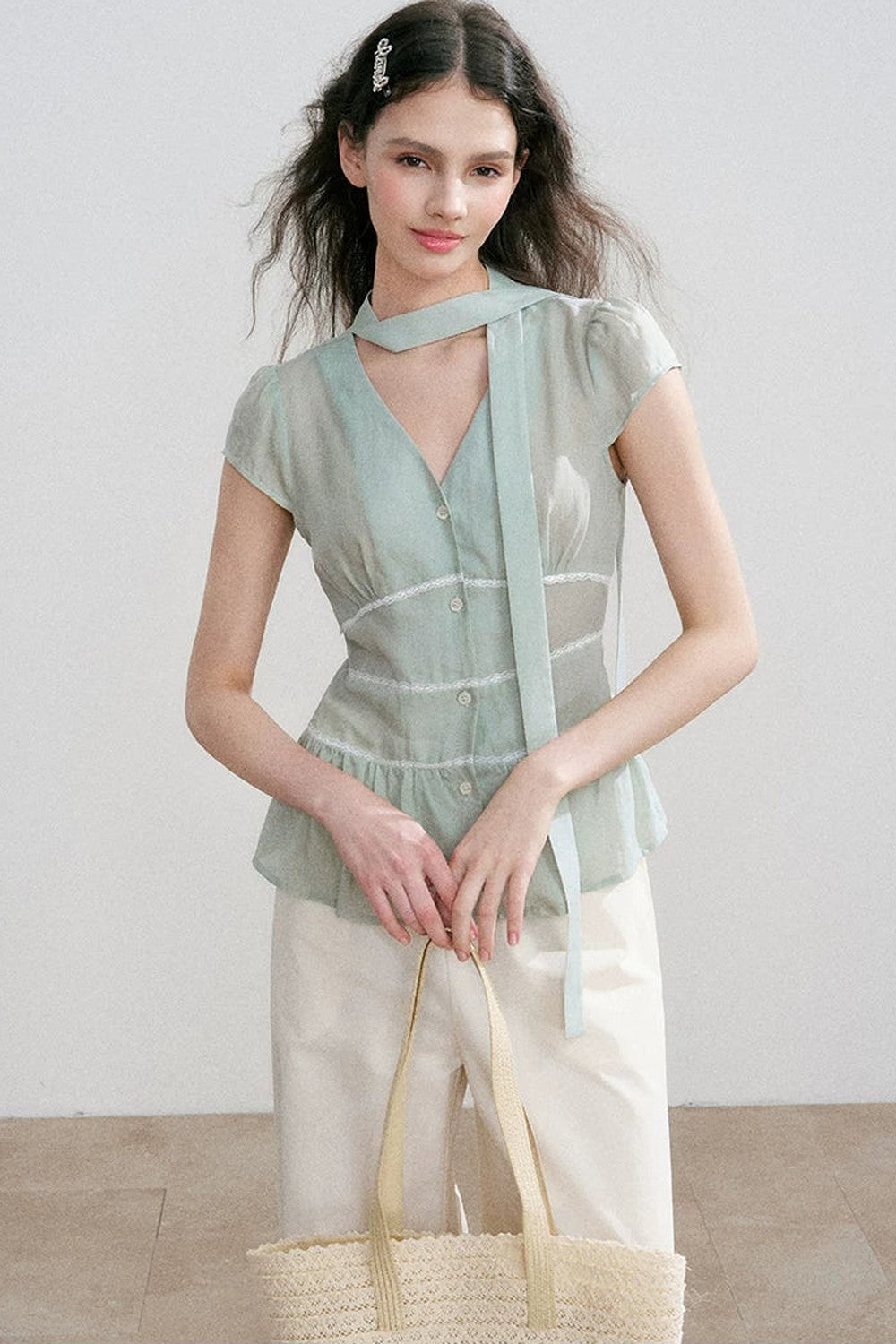 Tencel V-Neck Ribbon Blouse