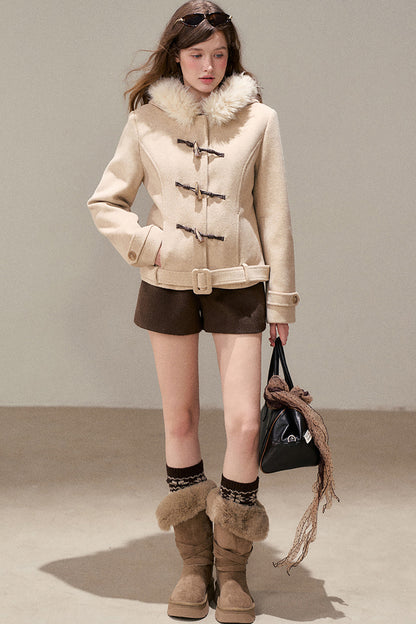 Petite Fur Collar Hooded Toggle Woolen Jacket