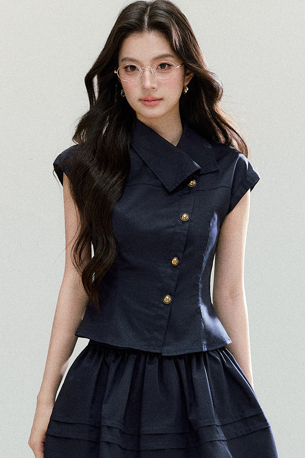 Asymmetrical Lapel Waist-Cinching Top Set-Up