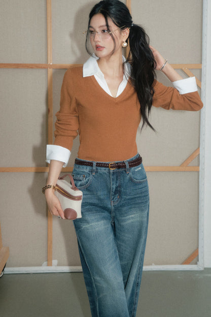 Brown Layered-Look Wool Knit Top and Pants Set